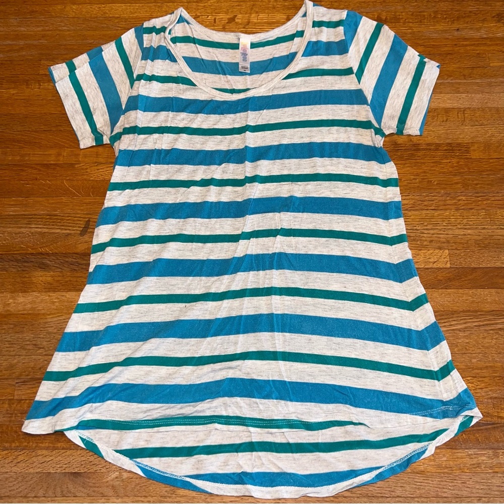 LuLaRoe Women XS Classic T Blue Green Gray Striped Short Sleeve Round Neck Top